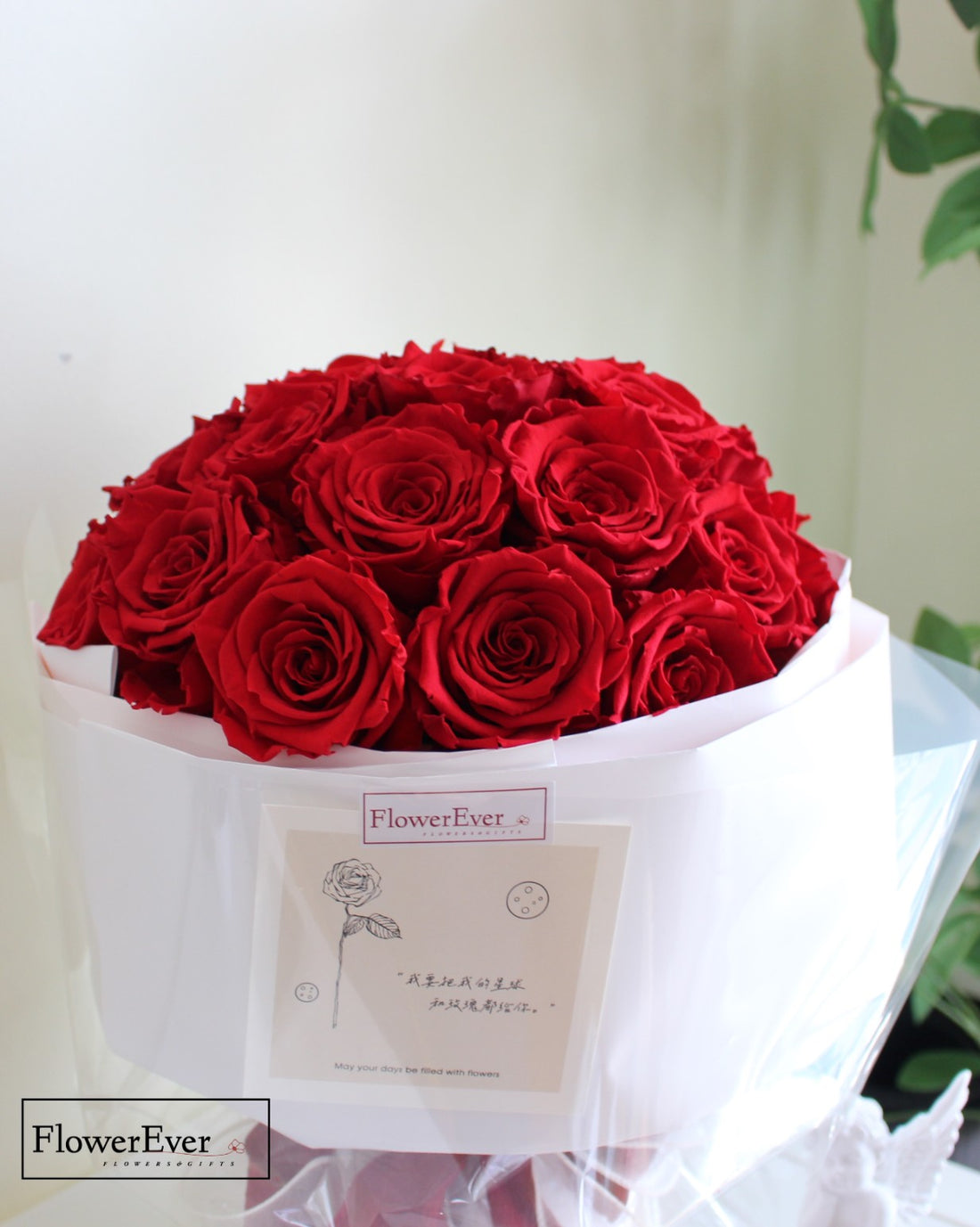 33 rich red preserved rose blooms arranged in a round Russian inspired arrangement encased in white gift wrap.