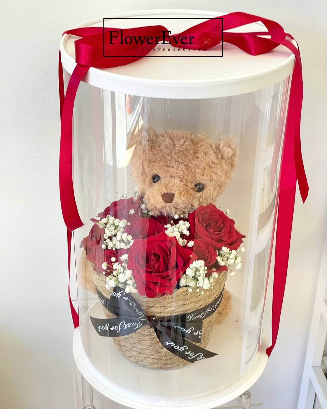 Teddy Bear + Red Rose Flower Basket Gift Set