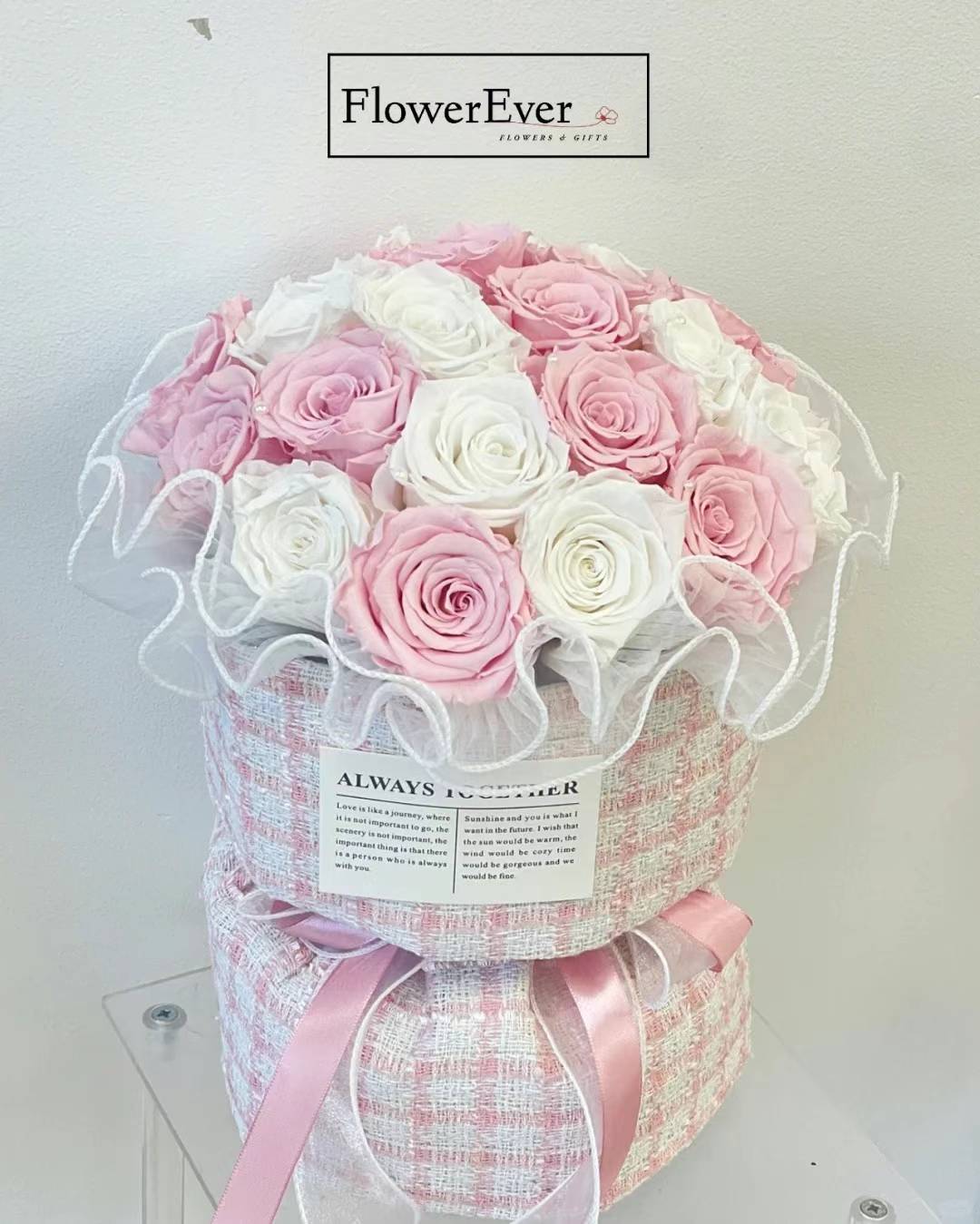 Preserved Rose Bouquet - Pink &amp; White Rose Chanel-Inspired Round Bouquet