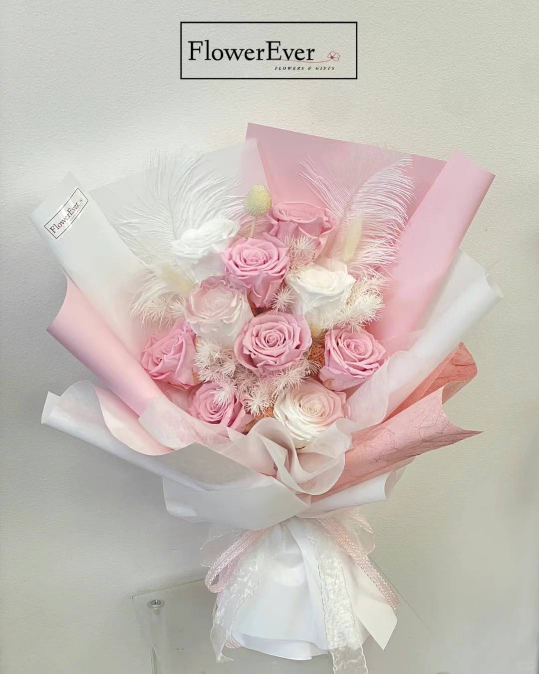 Preserved Rose Bouquet - Pink &amp; White Themed Bouquet w. Feathers