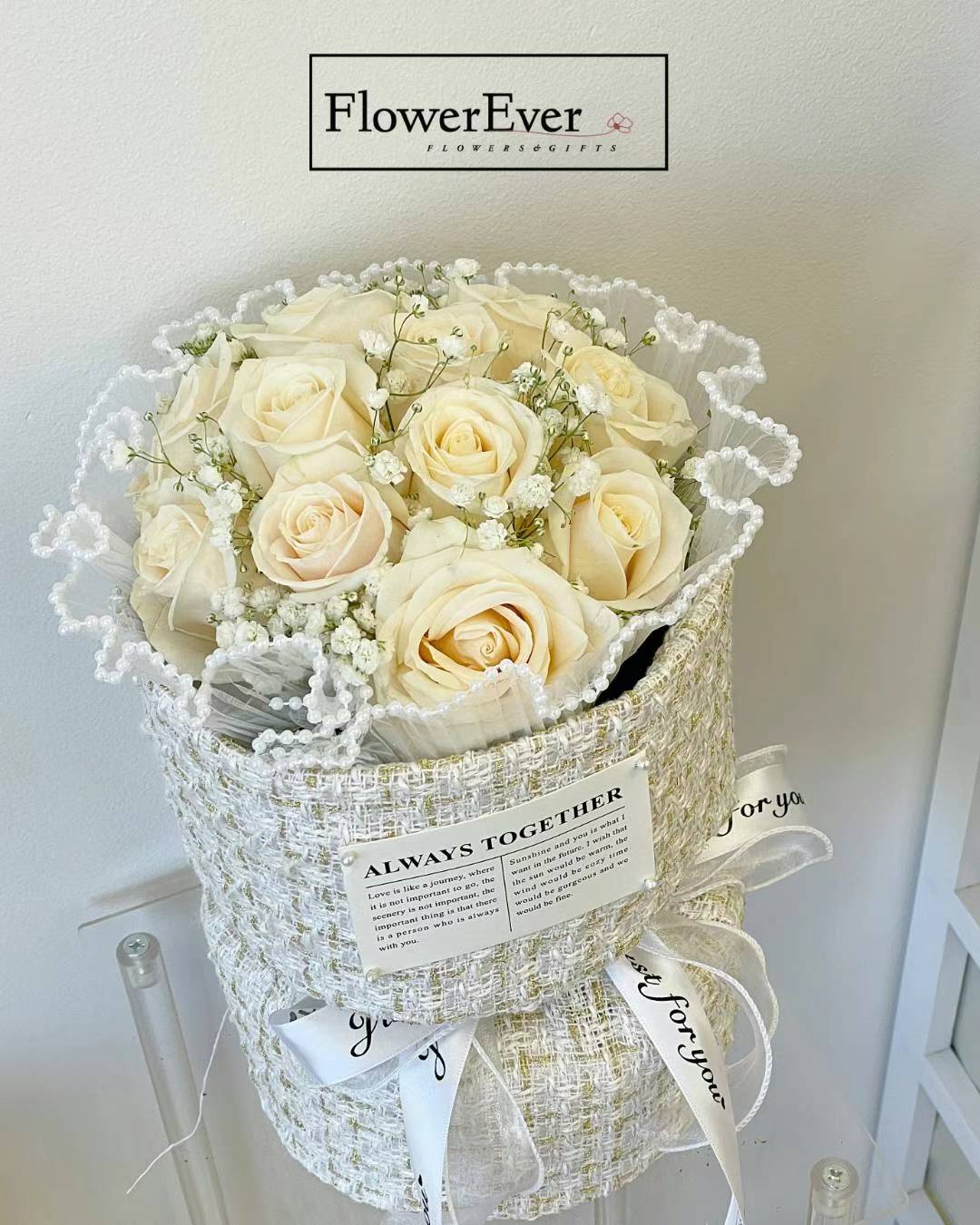 White Rose Round Russian Bouquet in Luxury Wrapping