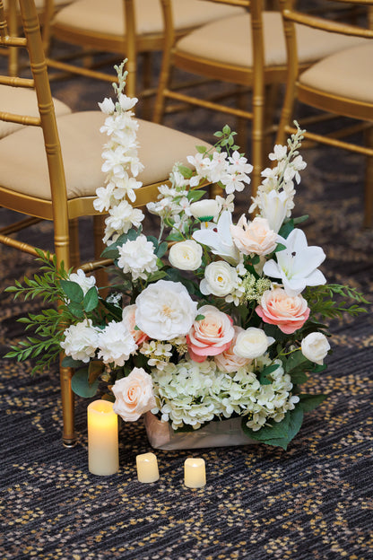 NYC wedding elegance: modern ceremony aisle with beautiful flowers