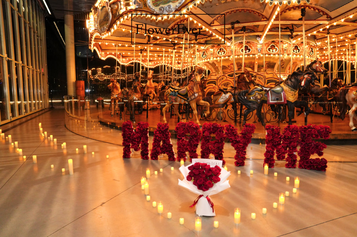 Opulent NYC rose-themed proposal with marquee letters