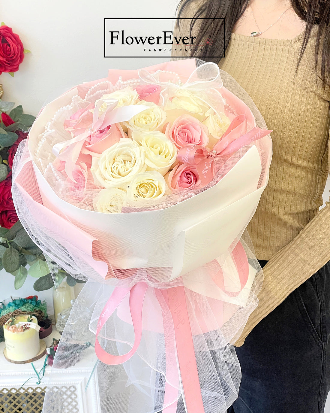 Wedding Veil Bouquet with Pink & White Rose & Ribbons|Proposal Bouquets
