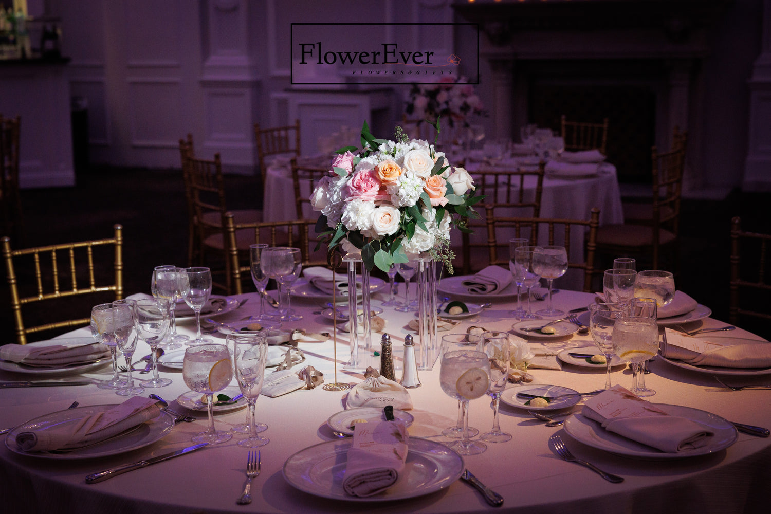 Wedding decor by FlowerEver – Wedding Reception Centerpieces on Clear Acrylic Stands – New York florist