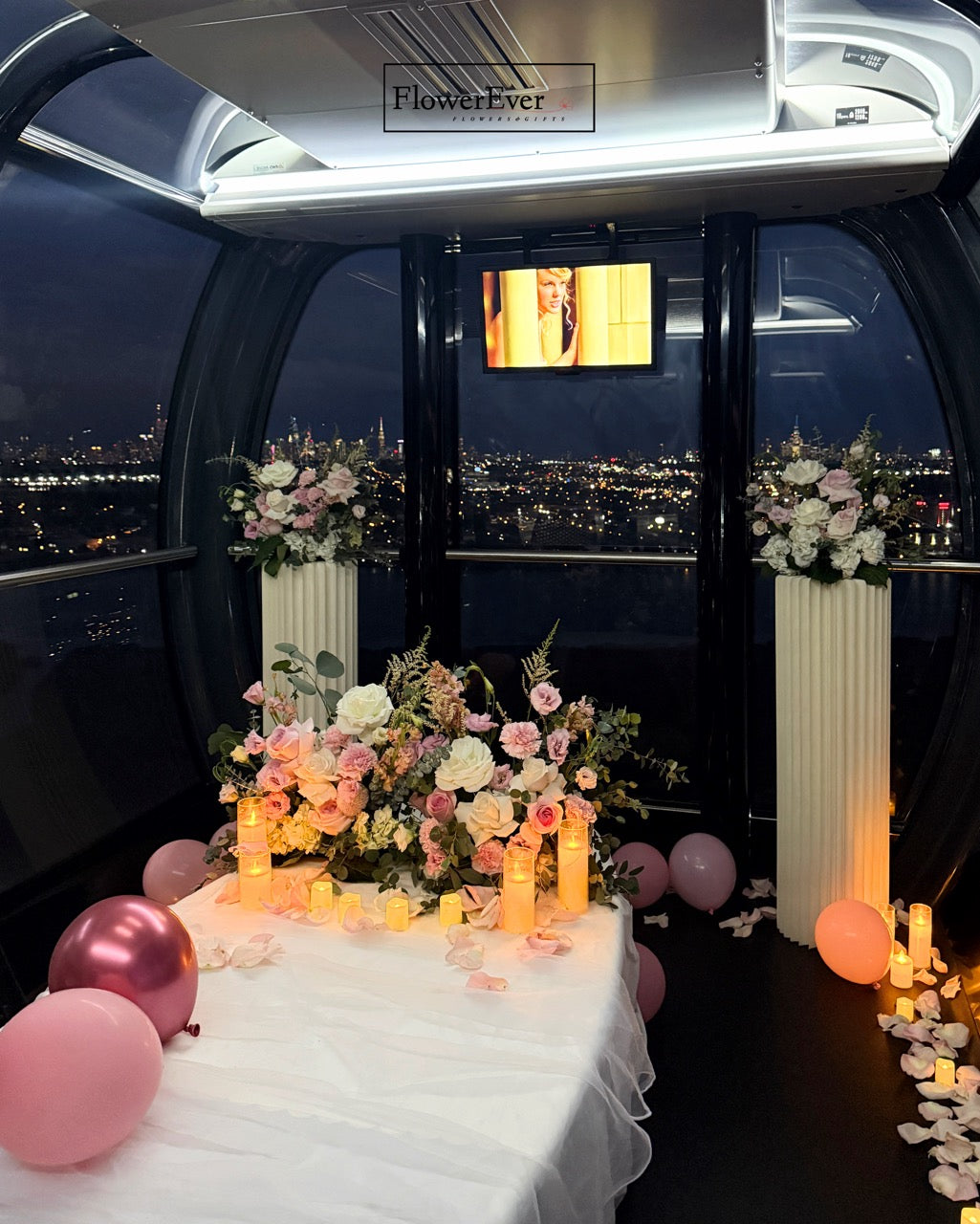 Proposal decoration setup – NYC Ferris Wheel Proposal Decor-Flowers, Balloon + Bouquet – New York proposal decorator